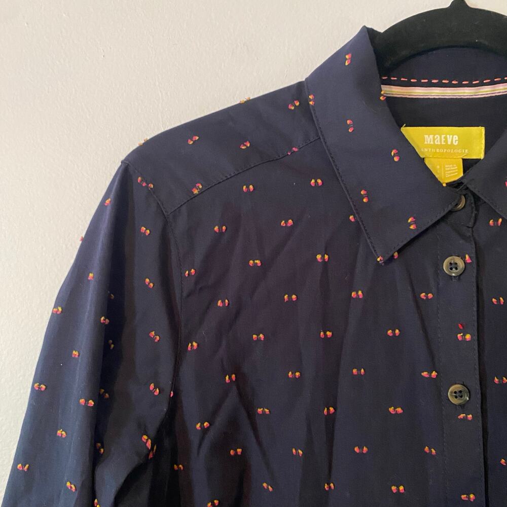 Maeve Anthropologie Navy Blue Polka Dot Button Down Shirt Preppy Women's size 4 - Picture 3 of 12